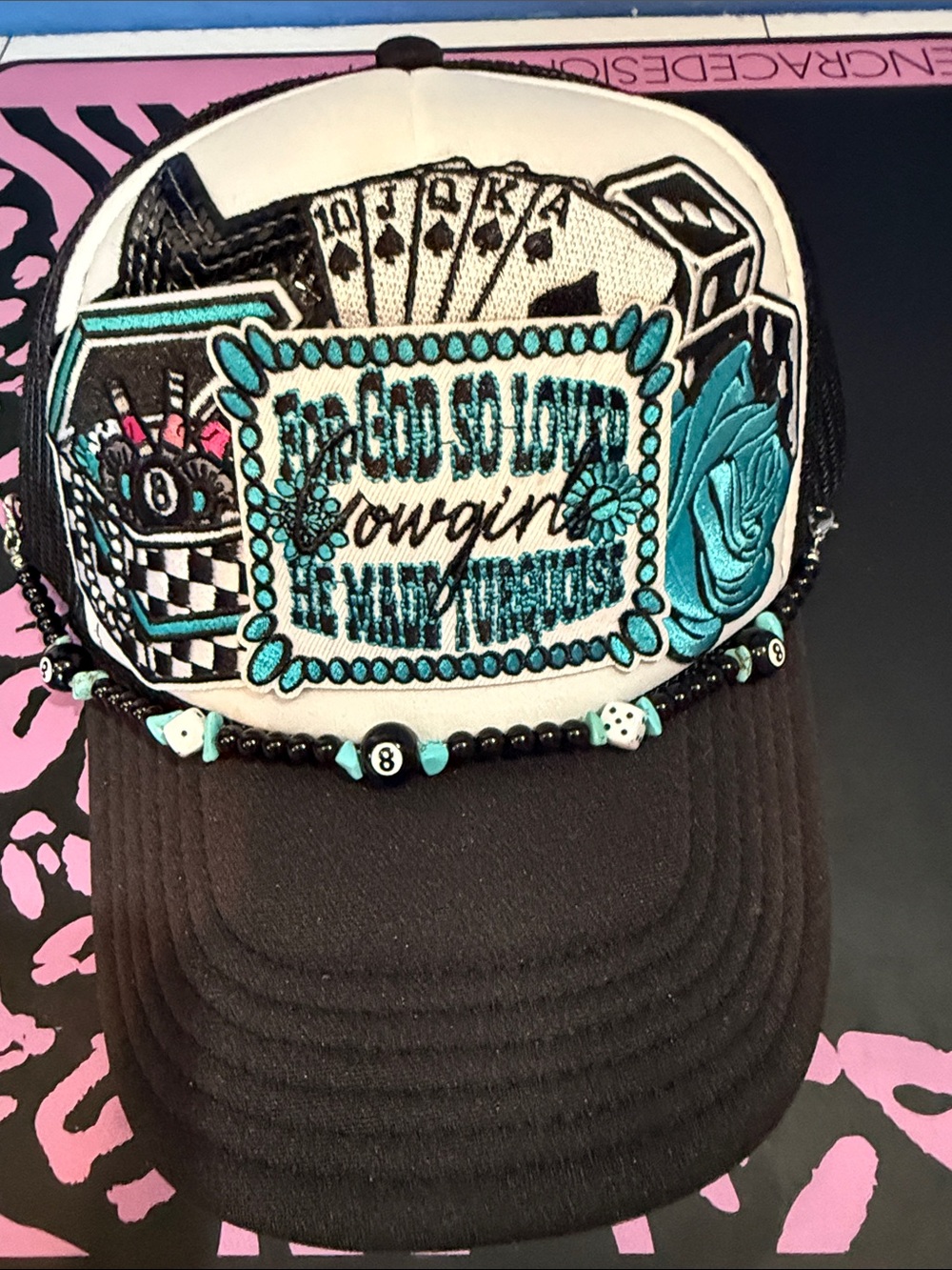 OTTO Black and White Trucker Hat with Teal Embroidered Patch